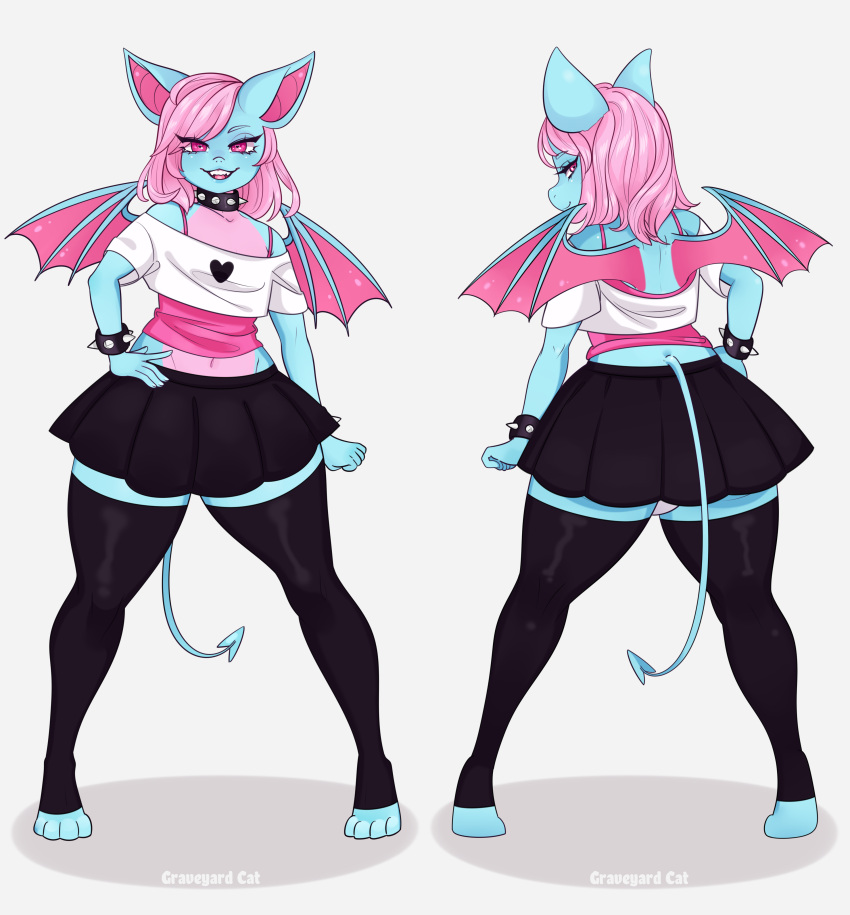 &lt;3 absurd_res black_bottomwear black_clothing black_skirt blue_body bottomwear bracelet chiropteran clothed clothing girly graveyardcat hair hand_on_hip hi_res jewelry male mammal pink_eyes pink_hair pose rear_view skirt solo spade_tail terry_bat wings