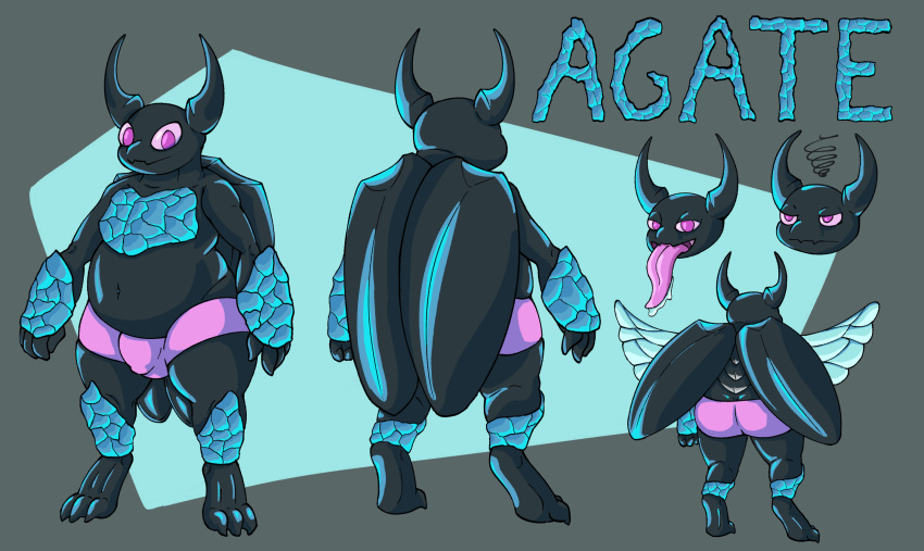 anthro aquamarine_(gem) arthropod beetle bulge chubby_male clothing crystal hi_res horn impishhyena insect long_tongue male model_sheet pincers purple_eyes slightly_chubby solo tongue tongue_out underwear wings