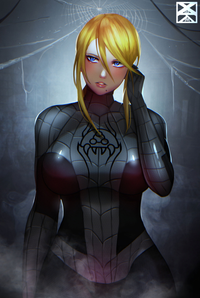 1girl absurdres alternate_color blonde_hair blue_eyes bodysuit breasts crossover hand_in_hair hand_up highres large_breasts marvel metroid metroid_(creature) ponytail samus_aran silk solo spider-man spider-man_(series) spider_web superhero teeth tight xuuikie_ashe