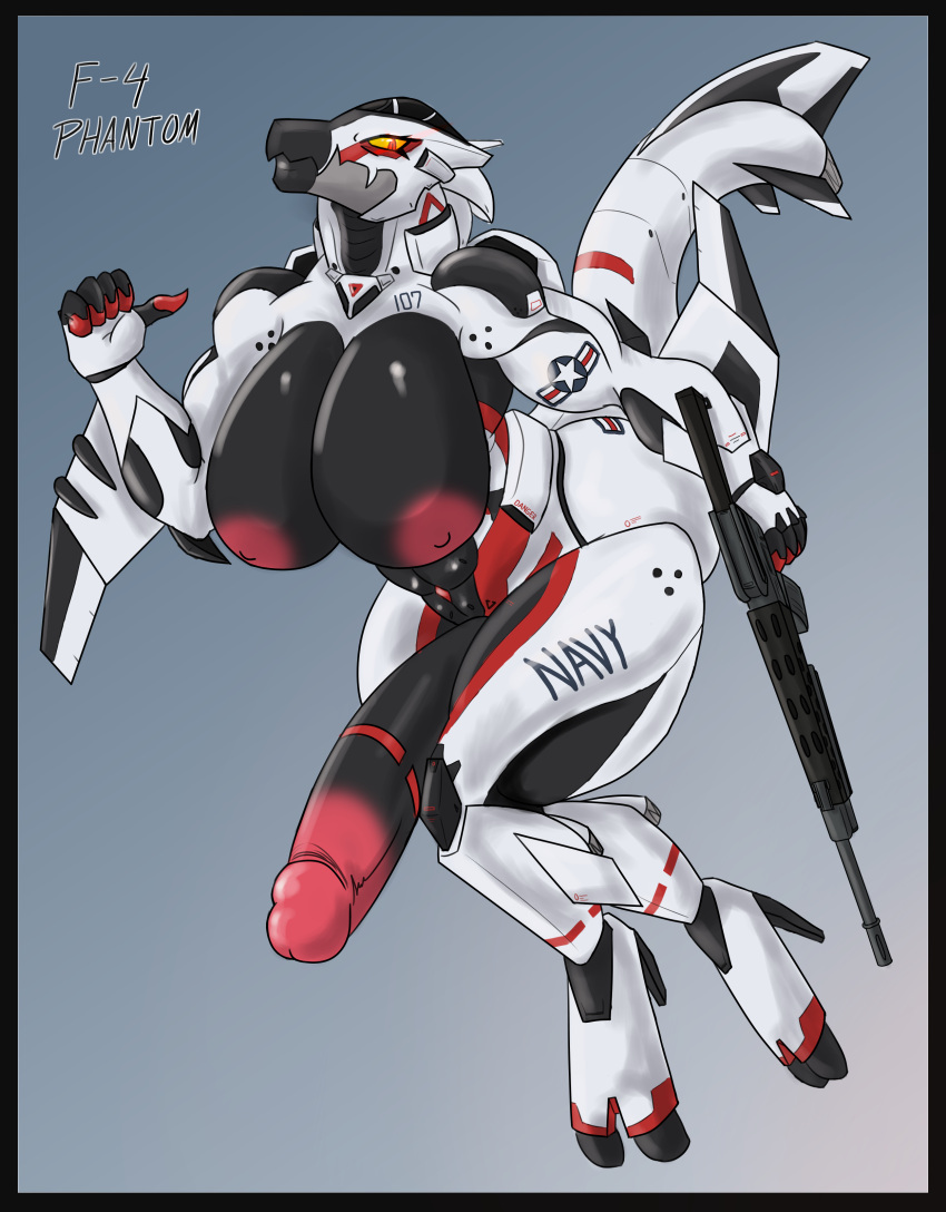 absurd_res aircraft aircraft_humanoid airplane anthro ar-15_style_gun areola assault_rifle big_breasts big_penis breasts claws dariusaurelius digital_media_(artwork) digitigrade english_text f-4_phantom feet flying genitals gun gynomorph herm hi_res holding_gun holding_object holding_weapon huge_breasts huge_penis humanoid humanoid_genitalia humanoid_penis hybrid intersex jet living_aircraft living_machine living_vehicle looking_at_viewer m16 machine navy nipples nude outside penis ranged_weapon rifle simple_background smile solo text toes u.s._navy vehicle weapon wings