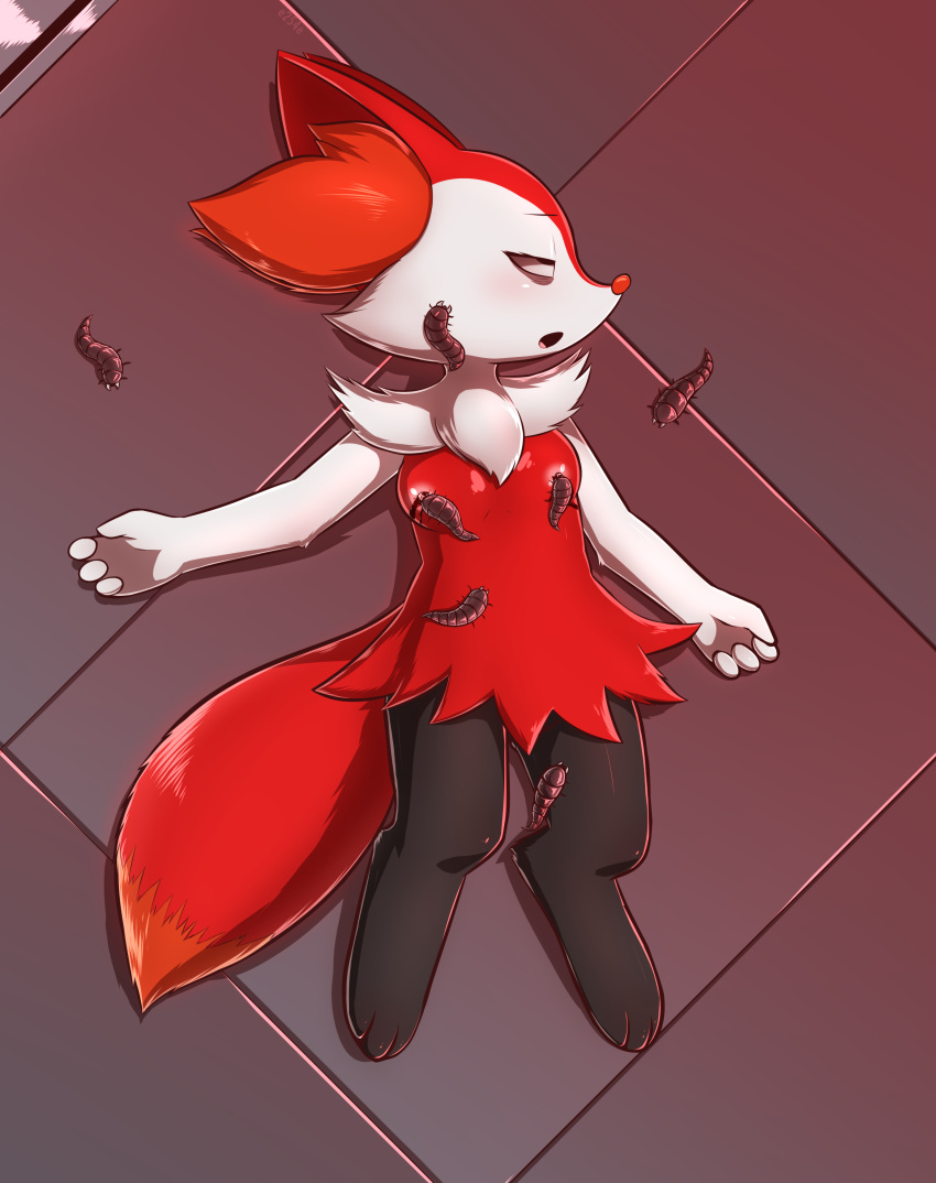 3_toes 4_fingers absurd_res ankle_tuft anthro arthropod bags_under_eyes black_body black_fur blood blush bodily_fluids braixen breast_wound breasts chest_tuft corpse death digitigrade dipstick_tail dominator_(typicaldork) e254e ear_tuft elbow_tufts facial_tuft fan_character feet female feral fingers floor fur glistening glistening_body half_lidded_eyes hard_vore hi_res insect leg_tuft lying markings multicolored_body multicolored_fur naturally_censored nintendo nipples nude on_back open_mouth orange_body orange_fur pincers pink_nipples pok&eacute;mon pok&eacute;mon_(species) red_body red_fur red_nose segmented_body small_breasts solo tail_markings tile tile_floor toes tongue tuft video_games vore white_body white_fur