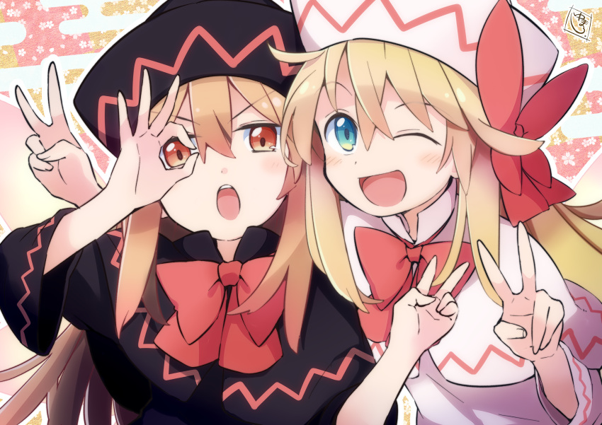 2girls black_capelet black_dress black_headwear blonde_hair blue_eyes blush capelet double_v dress dual_persona fairy fairy_wings hair_between_eyes hat highres lily_black lily_white long_hair long_sleeves multiple_girls one_eye_closed open_mouth red_eyes signature smile touhou upper_body v white_capelet white_dress white_headwear wings yutamaro