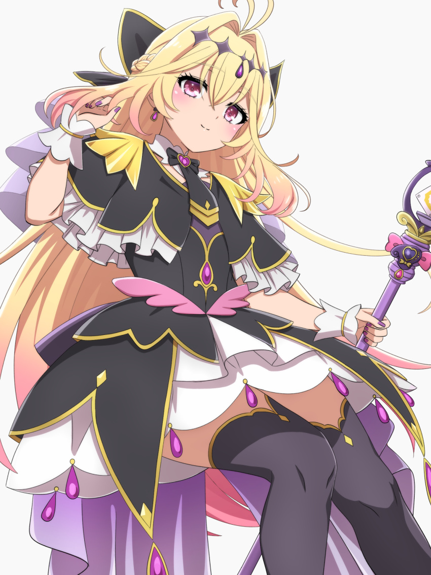 1girl black_dress black_thighhighs blonde_hair commentary cure_arcana_shadow dress highres holding holding_staff long_hair looking_at_viewer magical_girl meitantei_precure! moria_luluka nail_polish noshimurin precure purple_eyes simple_background sitting smile solo staff thighhighs white_background