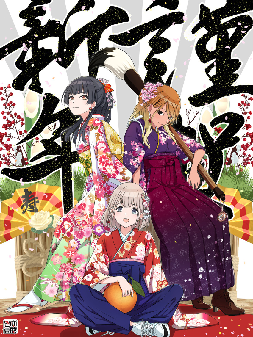 3girls alternate_costume black_eyes black_hair blonde_hair blue_eyes boots brown_eyes brown_footwear brown_hair calligraphy calligraphy_brush cherry cross-laced_footwear dyjoe_ichika earrings floral_print flower food fruit full_body geta gradient grass gyaru hair_flower hair_ornament hakama hand_fan high_heel_boots high_heels highres idolmaster idolmaster_shiny_colors indian_style izumi_mei japanese_clothes jewelry kimono long_hair mayuzumi_fuyuko meiji_schoolgirl_uniform multiple_girls new_year obi official_alternate_costume orange_(fruit) oversized_object paintbrush sash serizawa_asahi shoes short_hair signature silver_hair sitting sneakers straylight_(idolmaster) tabi tan tasuki white_legwear