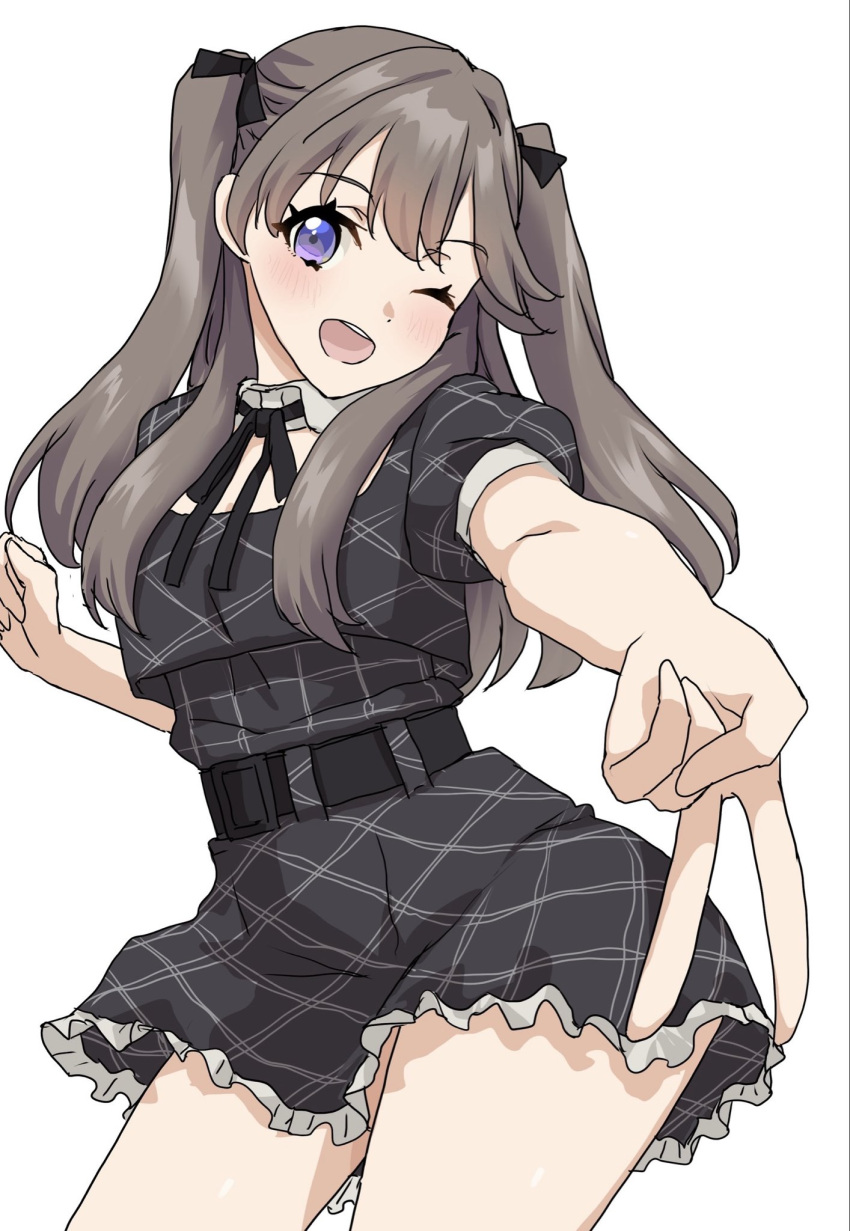 1girl :d ;d black_dress black_ribbon brown_hair clenched_hand commentary cowboy_shot dress fujishima_megumi gyaru_v highres looking_at_viewer love_live! love_live!_hasu_no_sora_jogakuin_school_idol_club neck_ribbon one_eye_closed open_mouth poizun_(user_wmgk4287) puffy_short_sleeves puffy_sleeves purple_eyes ribbon short_dress short_sleeves simple_background smile solo standing two_side_up v virtual_youtuber white_background
