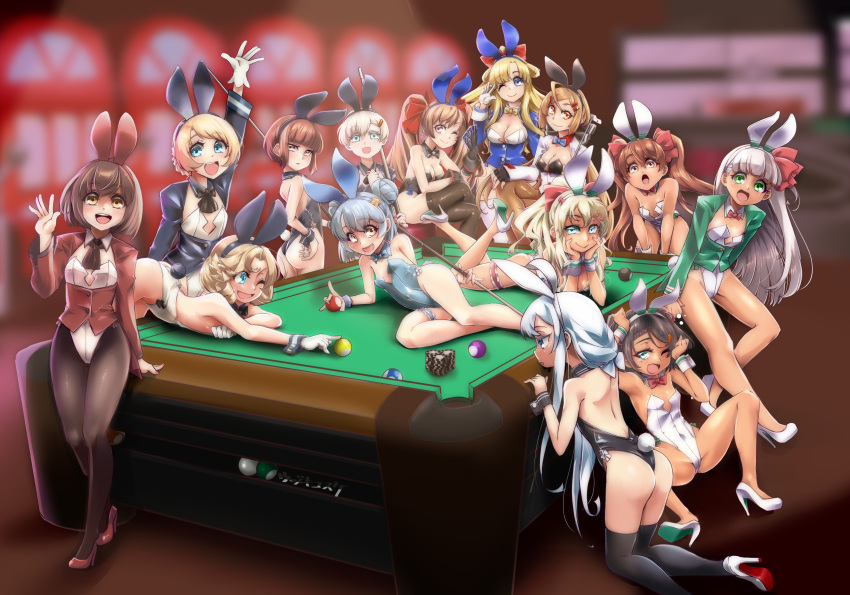 6+girls alternate_costume animal_ears ascot ass ball bare_legs billiard_ball black_ascot black_bow black_bowtie black_hair black_legwear black_leotard blonde_hair blue_bow blue_bowtie blue_coat blue_eyes blue_hair blue_leotard bow bowtie brown_ascot brown_eyes brown_hair coat cue_stick detached_collar double_bun fletcher_(kancolle) gloves grecale_(kancolle) green_eyes hibiki_(kancolle) highres holding_cue_stick janus_(kancolle) jervis_(kancolle) johnston_(kancolle) kantai_collection leotard libeccio_(kancolle) long_hair looking_at_viewer maestrale_(kancolle) multiple_girls open_mouth pantyhose playboy_bunny poker_chip ponytail pool_ball pool_table rabbit_ears rabbit_tail red_bow red_bowtie red_coat round_teeth samuel_b._roberts_(kancolle) scirocco_(kancolle) short_hair silver_hair tail tailcoat tan tan_yang_(kancolle) tashkent_(kancolle) teeth thighhighs twintails udukikosuke upper_teeth verniy_(kancolle) white_coat white_gloves white_leotard wrist_cuffs yukikaze_(kancolle) z1_leberecht_maass_(kancolle) z3_max_schultz_(kancolle)