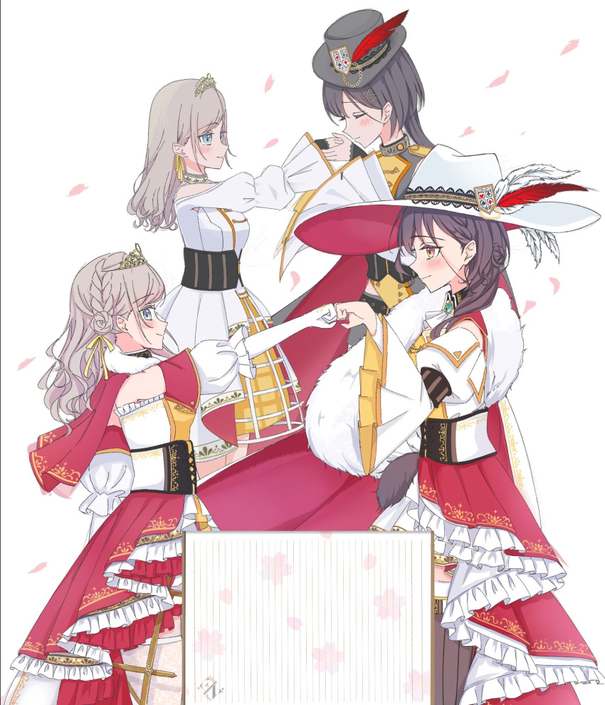 2girls 6th_live_dream_~bloom_garden_party~ black_hair blush braid ceras_yanagida_lilienfeld closed_mouth clothing_cutout commentary_request cowboy_shot crinoline detached_sleeves dress edel_note edelied edelinien elbow_gloves falling_petals feathers fist_bump flower-shaped_hair flower_stand_art frilled_skirt frills gloves gold_tiara grey_hair grey_hat hair_ribbon hat hat_feather high-low_skirt highres iroha_(nami3) juliet_sleeves katsuragi_izumi kiss kissing_hand long_hair long_sleeves looking_at_another love_live! love_live!_hasu_no_sora_jogakuin_school_idol_club multiple_girls multiple_views orange_eyes outstretched_arm petals pink_petals profile puffy_short_sleeves puffy_sleeves red_feathers red_hat red_skirt ribbon short_sleeves shoulder_cutout side_braids simple_background skirt smile strapless strapless_dress thighhighs tiara two-sided_fabric two-sided_headwear virtual_youtuber white_background white_dress white_feathers white_gloves white_hat white_thighhighs yellow_ribbon