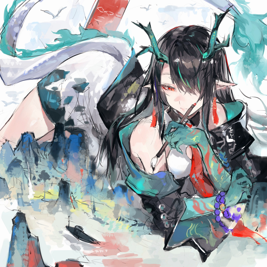 1girl absurdres aqua_horns arknights bare_shoulders black_hair blue_hands chinese_commentary colored_extremities commentary_request dragon_girl dragon_horns dragon_tail dusk_(arknights) earrings eastern_dragon_tail hair_over_one_eye highres holding holding_paintbrush horns jewelry long_hair long_sleeves looking_down lying multicolored_hair on_stomach paintbrush pointy_ears red_eyes solo streaked_hair tail xiangchizhubijin