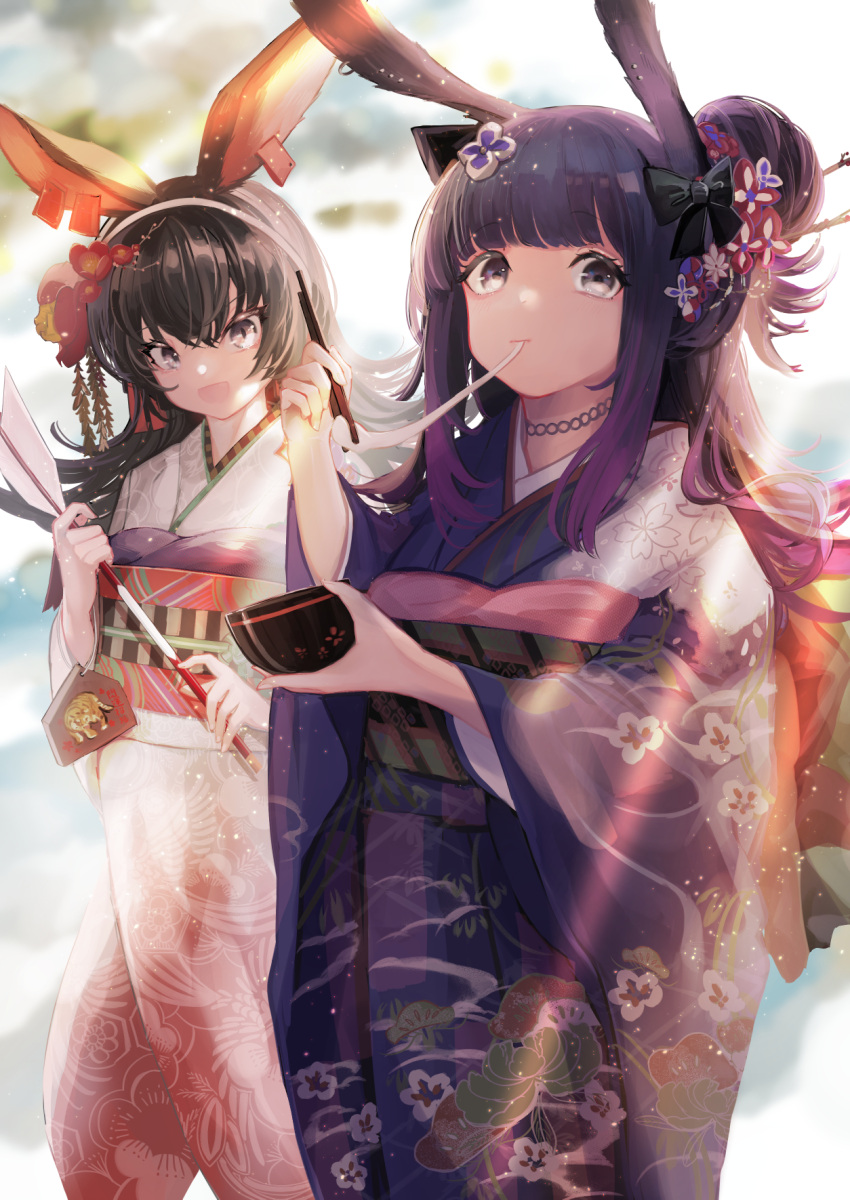 2girls :d alternate_costume alternate_hairstyle animal_ears april_(arknights) arknights arrow_(projectile) bangs black_bow black_hair blunt_bangs bow bowl brown_eyes chinese_zodiac choker chopsticks closed_mouth cowboy_shot day eating ema eyebrows_visible_through_hair floral_print flower hair_bow hair_bun hair_flower hair_ornament hairband hamaya hemorina highres holding holding_arrow holding_bowl holding_chopsticks japanese_clothes kimono light_rays long_hair looking_at_viewer mochi multiple_girls obi open_mouth print_kimono purple_choker purple_hair purple_kimono rabbit_ears red_flower rope_(arknights) sash side_bun smile standing sunbeam sunlight white_hairband white_kimono year_of_the_tiger