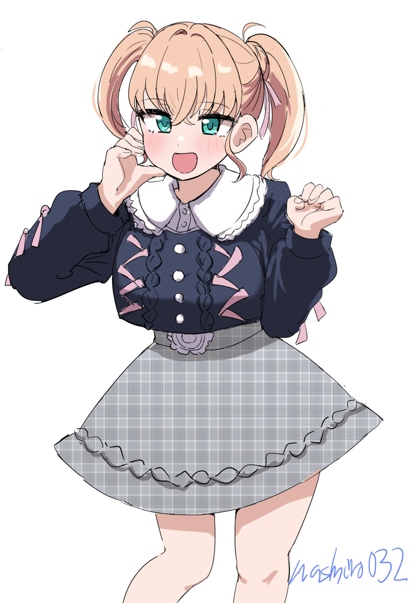 1girl :d absurdres aqua_eyes black_cardigan cardigan clenched_hand collared_shirt commentary cropped_cardigan ereka feet_out_of_frame frilled_shirt_collar frills grey_skirt half-heart_hands hand_on_own_cheek hand_on_own_face hands_up highres hinoshita_kaho hinoshita_kaho_(birthday_jirai_kei) looking_at_viewer love_live! love_live!_hasu_no_sora_jogakuin_school_idol_club medium_hair miniskirt orange_hair plaid_clothes plaid_skirt shirt simple_background skirt smile solo standing twintails unmoving_pattern virtual_youtuber white_background white_shirt