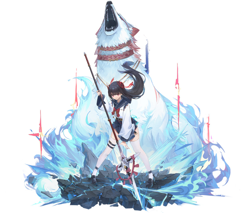 1girl ankleband bangs black_hair blue_skirt bow bowtie eyebrows_visible_through_hair fingernails flat_chest full_body ground_shatter hair_ornament holding holding_weapon japanese_clothes loafers long_hair long_sleeves looking_at_viewer nekojira official_art pink_eyes pleated_skirt polearm revived_witch shoes skirt spear standing thighhighs transparent_background weapon webp-to-png_conversion white_legwear wolf yui_(revived_witch)
