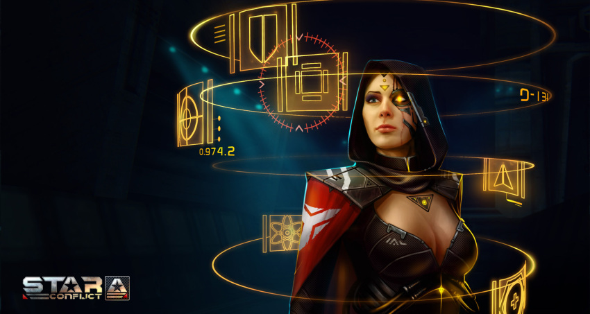 1girl aqua_eyes breasts cleavage cloak cyborg eyeshadow glowing glowing_eye highres hologram holographic_interface hood indoors logo looking_away looking_to_the_side makeup military pink_lips purple_eyeshadow realistic red_cloak scar science_fiction solo star_conflict yellow_eyes