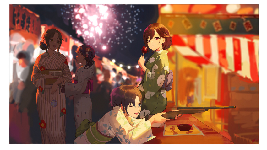 4girls :d aerial_fireworks ahoge asakura_tooru bangs black_hair blue_eyes blurry blurry_background brown_eyes brown_hair candy_apple eyebrows_visible_through_hair fangs festival fireworks floral_print flower food fukumaru_koito gun hair_bun hair_flower hair_ornament hair_scrunchie hairclip half-closed_eyes hand_on_another's_arm highres higuchi_madoka holding holding_gun holding_weapon ichikawa_hinana idolmaster idolmaster_shiny_colors japanese_clothes kimono kinchaku long_sleeves looking_ahead looking_at_another looking_at_viewer mole mole_under_eye multiple_girls night noctchill_(idolmaster) obi one_eye_closed open_mouth outdoors parted_bangs parted_lips pouch purple_eyes rifle sash scrunchie shooting_gallery short_hair sidelocks sitting skin_fangs smile spung standing summer_festival swept_bangs twintails weapon wide_sleeves yukata yuri