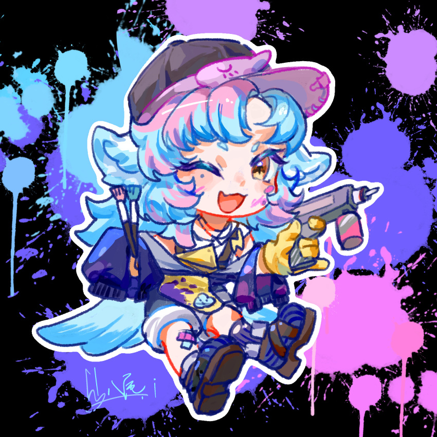 1girl absurdres animal_ears arknights bird_ears bird_girl bird_tail black_background black_shorts black_socks blue_hair blush brown_sandals chibi commentary_request fang fangqie_junzhu_bawei_jiang highres holding holding_paintbrush long_hair looking_at_viewer multicolored_hair one_eye_closed open_mouth overalls paint_gun paint_splatter paintbrush pink_streaks sandals shirt short_eyebrows shorts simple_background skin_fang sleeves_past_fingers sleeves_past_wrists socks solo streaked_hair tail thick_eyebrows tippi_(arknights) v-shaped_eyebrows white_shirt yellow_eyes