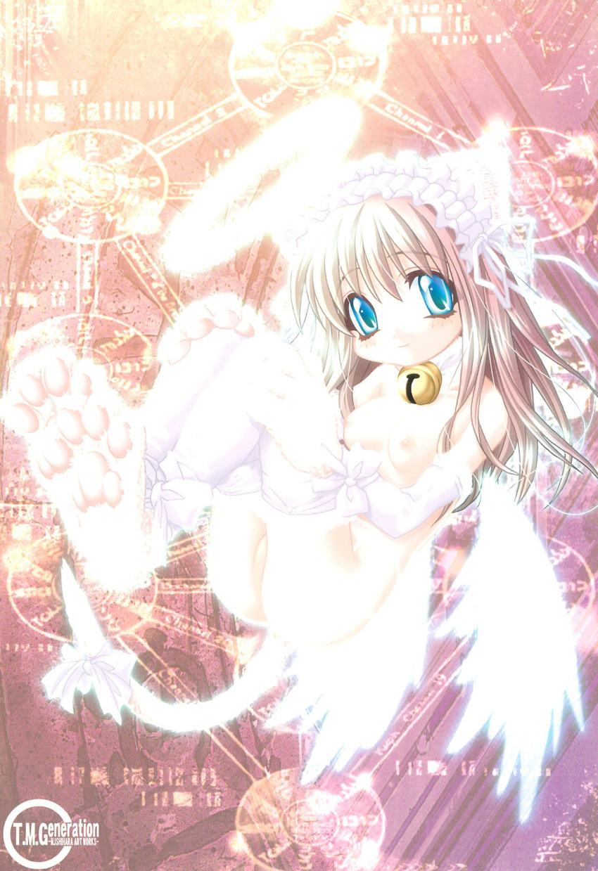 1girl angel animal_ears animal_hands bell blue_eyes cat_ears closed_mouth floating garter_belt halo highres ishihara_masumi lingerie logo looking_at_viewer nipples nude original ribbon scan solo tail tail_ornament tail_ribbon tree_of_life underwear wings