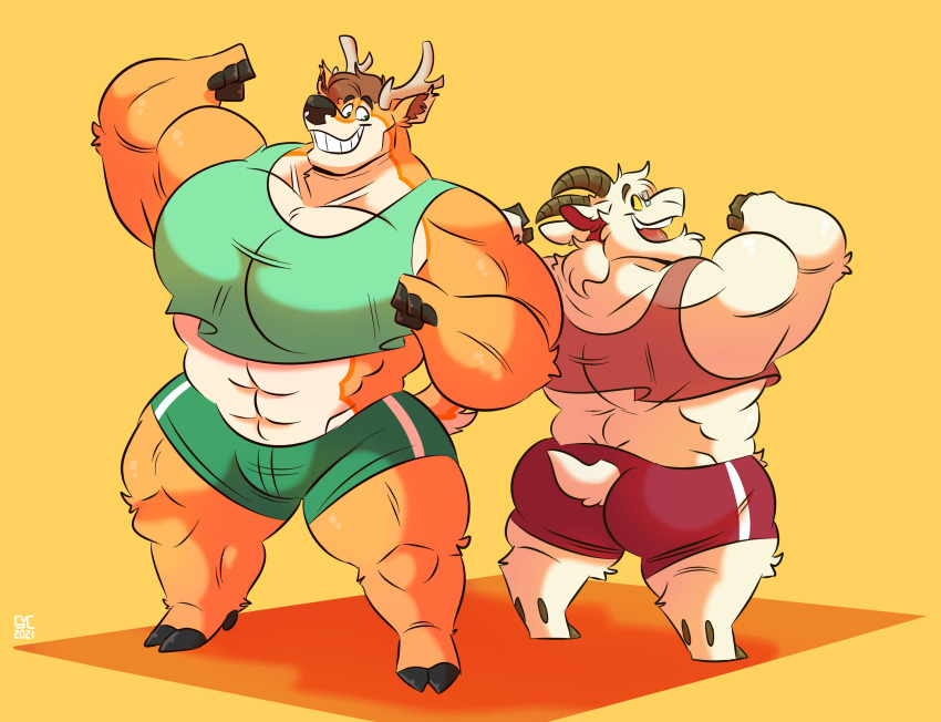 anthro antlers big_muscles bottomwear bovid brown_hair butt caprine cervid clothing duo flexing fur goat green_clothing hair hi_res hooves horn male mammal midriff muscular muscular_anthro muscular_male red_clothing shirt shorts syc tank_top topwear white_body white_fur