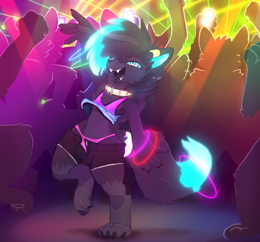 2022 4_toes absurd_res anthro backsash blue_eyes bulge canid canine claws clothed clothing collar crowd dance_floor dancing digital_media_(artwork) feet fur glowstick group hair hi_res lycanroc male mammal midnight_lycanroc nintendo open_mouth pok&eacute;mon pok&eacute;mon_(species) public rave smile solo standing teeth toe_claws toes tongue tongue_out video_games