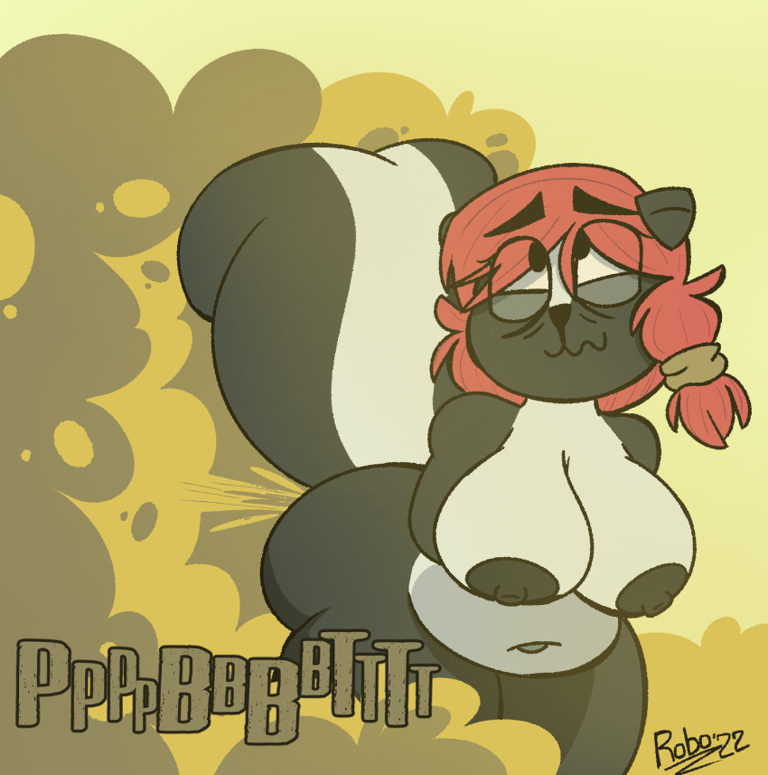 adrianna_stinkbutt_(robokink) anthro belly big_breasts black_body black_fur breasts chubby_female fart fart_cloud fart_fetish female fur hair hi_res hyper hyper_fart looking_pleasured mammal mature_female mephitid onomatopoeia red_hair robokink skunk solo sound_effects text thick_thighs white_body white_fur