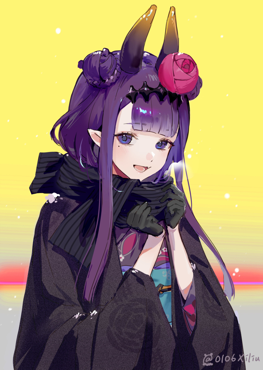 1girl absurdres bangs black_gloves black_scarf blunt_bangs blush braid braided_bun breath cold commentary double_bun eyebrows_visible_through_hair eyelashes fang floral_print flower gloves hair_bun hair_flower hair_ornament half_gloves haori headpiece highres hololive hololive_english japanese_clothes kimono long_hair looking_at_viewer mole mole_under_eye ninomae_ina'nis obi obiage obijime official_alternate_costume open_mouth pointy_ears purple_eyes purple_hair purple_kimono sash scarf sidelocks simple_background smile solo striped striped_scarf tentacle_hair twitter_username upper_body virtual_youtuber wide_sleeves xi_liu yellow_background