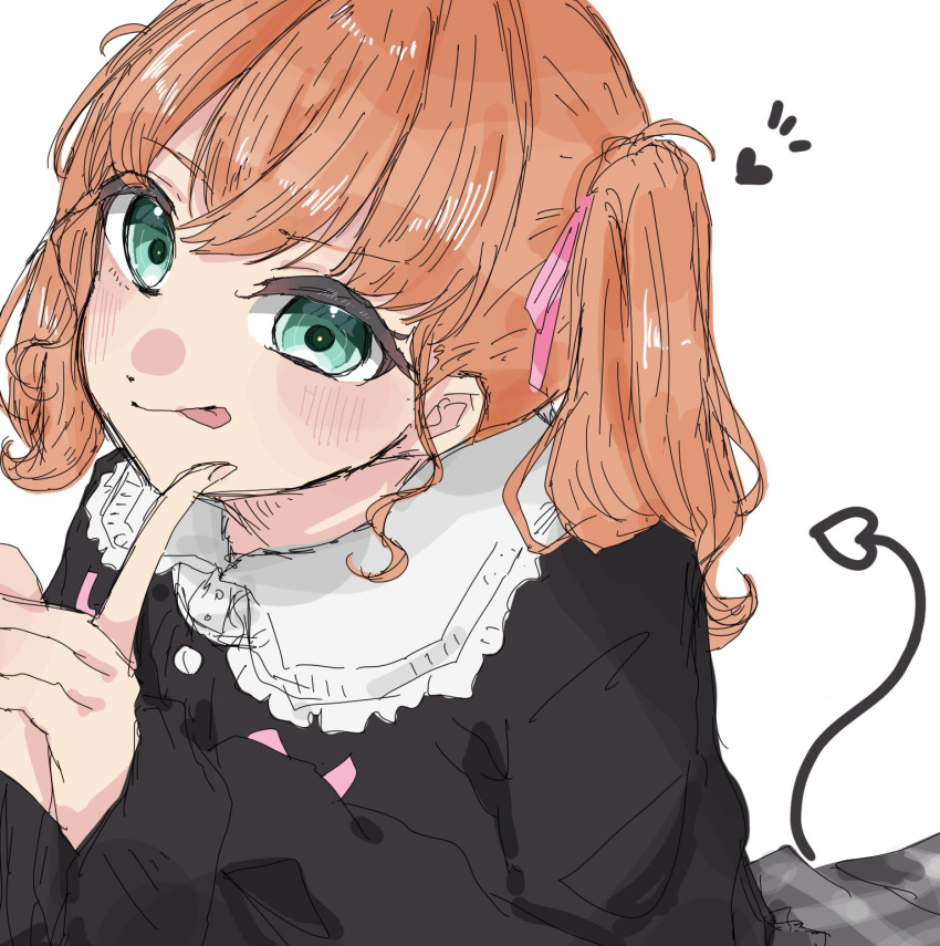 1girl :p aqua_eyes black_cardigan cardigan collared_shirt commentary_request demon_tail drawn_tail finger_to_cheek frilled_shirt_collar frills hair_ribbon heart highres hinoshita_kaho hinoshita_kaho_(birthday_jirai_kei) looking_at_viewer love_live! love_live!_hasu_no_sora_jogakuin_school_idol_club medium_hair notice_lines orange_hair pink_ribbon ribbon shirt simple_background skp1cnqfehmpasi smile solo tail tongue tongue_out twintails virtual_youtuber white_background white_shirt