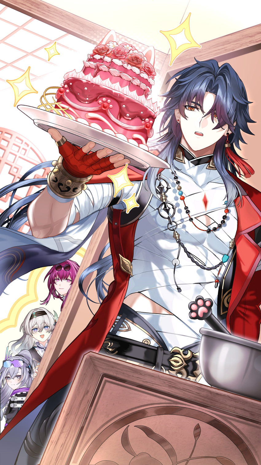 1boy 3girls absurdres bandages beads belt blade_(honkai:_star_rail) blue_hair bracelet cake commentary_request curtained_hair cutoffs earrings eyewear_on_head firefly_(honkai:_star_rail) food goggles gradient_hair hair_over_one_eye headband highres holding holding_food honkai:_star_rail honkai_(series) jacket jewelry kafka_(honkai:_star_rail) kamino_eru long_hair looking_at_viewer male_focus mortenax_blade_(honkai:_star_rail) multicolored_hair multiple_girls necklace open_clothes open_jacket parted_lips peeking_out pince-nez red_pupils silver_wolf_(honkai:_star_rail) silver_wolf_(lv.999)_(honkai:_star_rail) sparkle stellaron_hunters_(honkai:_star_rail) tassel teeth toned toned_male upper_teeth_only very_long_hair yellow_eyes