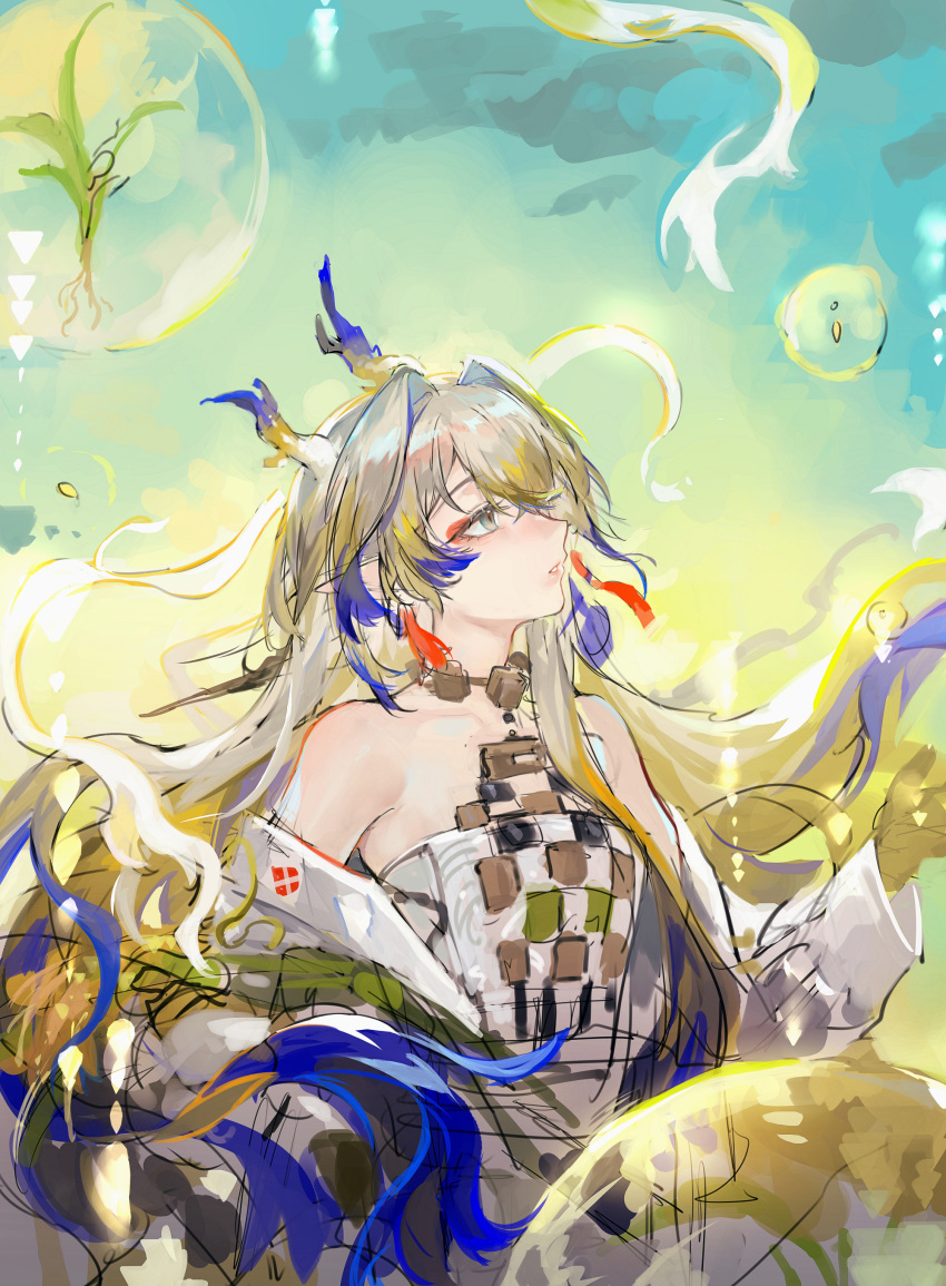 1girl absurdres arknights bare_shoulders blue_streaks bubble chinese_commentary commentary_request dragon_girl dragon_horns earrings grey_hair hair_between_eyes highres horns jewelry long_hair long_sleeves looking_up multicolored_hair parted_lips plant pointy_ears profile shu_(arknights) sky solo streaked_hair upper_body xiangchizhubijin