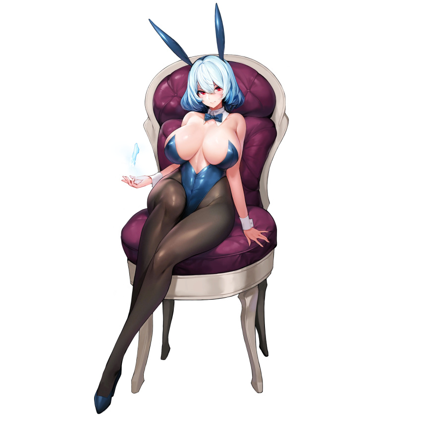 1girl animal_ears bow bowtie breasts brown_legwear chair cleavage crossed_legs detached_collar full_body hair_between_eyes high_heels highres huge_breasts ice last_origin light_blue_hair official_art pantyhose playboy_bunny rabbit_ears red_eyes sitting snowball22 solo tachi-e titania_frost transparent_background wrist_cuffs