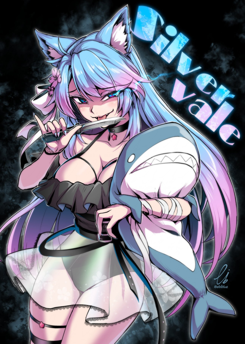 1girl animal_ear_fluff animal_ears aqua_hair artist_name bangs bare_shoulders black_choker blue_eyes breasts character_name choker cleavage collarbone cowboy_shot ebiblue english_commentary fingernails flower hair_flower hair_ornament hair_ribbon highres holding holding_knife knife large_breasts licking licking_knife long_hair looking_at_viewer multicolored_hair pink_hair pinky_out ribbon see-through_skirt sharp_fingernails silvervale skirt smoke solo stuffed_animal stuffed_shark stuffed_toy swept_bangs thighs tongue tongue_out twitter_username two-tone_hair very_long_hair virtual_youtuber vshojo yandere