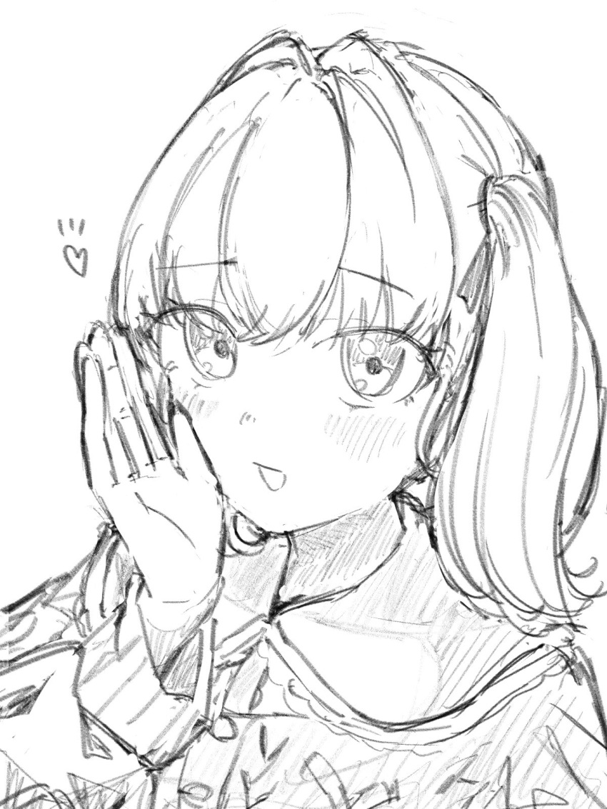 1girl blush cardigan collared_shirt commentary cross-laced_clothes cross-laced_top even_though_you_lost_your_virginity_to_me_(meme) frilled_shirt_collar frills greyscale hair_ribbon heart highres hino_(hinonoq) hinoshita_kaho hinoshita_kaho_(birthday_jirai_kei) looking_at_viewer love_live! love_live!_hasu_no_sora_jogakuin_school_idol_club medium_hair meme monochrome notice_lines open_mouth ribbon shirt simple_background solo twintails virtual_youtuber white_background