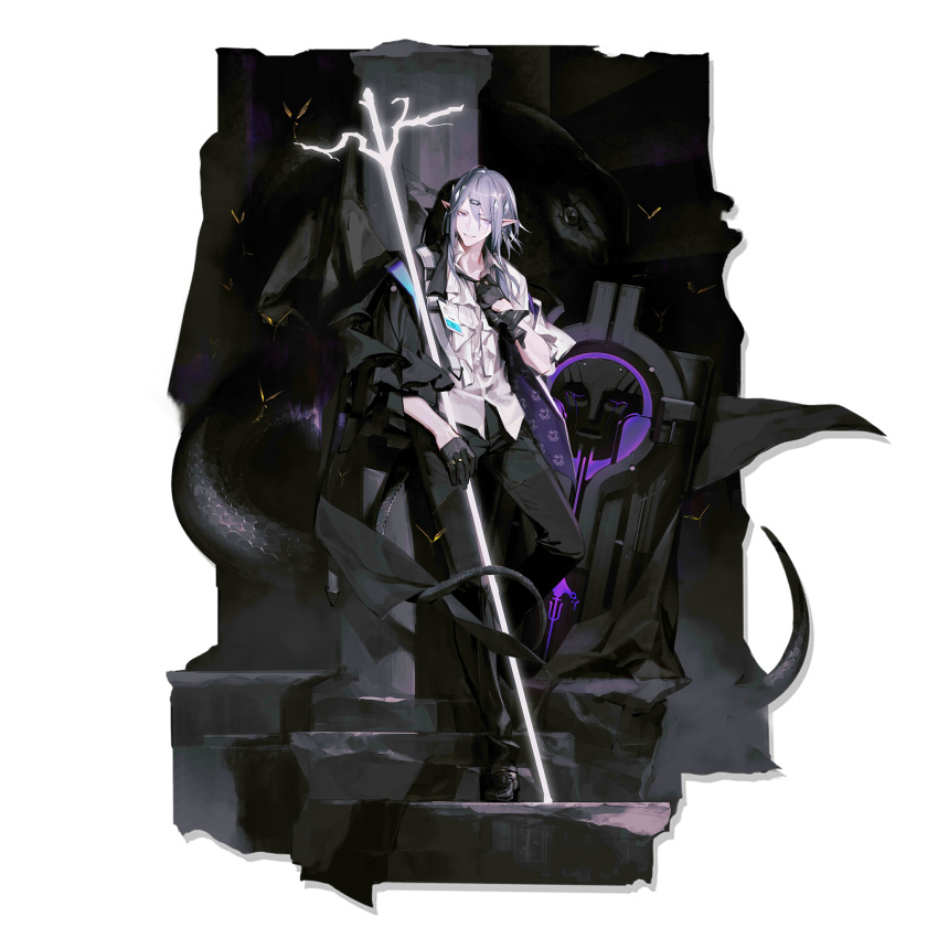 1boy arknights bangs black_footwear black_gloves black_necktie black_pants cenm0 elite_ii_(arknights) full_body gloves grin hand_on_hip highres looking_at_viewer male_focus medium_hair necktie official_art pants pointy_ears purple_eyes shalem_(arknights) shield shirt shoes silver_hair smile snake_tail solo staff standing tail transparent_background white_shirt