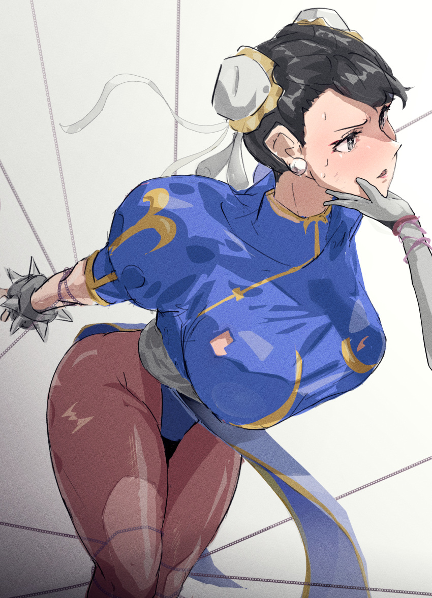 2girls a.k.i._(street_fighter) absurdres black_hair blue_dress bound bracelet breasts brown_pantyhose bumaden china_dress chinese_clothes chun-li commentary_request defeat double_bun dress earrings hair_bun highres jewelry large_breasts looking_ahead multiple_girls pantyhose restrained solo_focus spiked_bracelet spikes street_fighter street_fighter_6 torn_clothes yuri