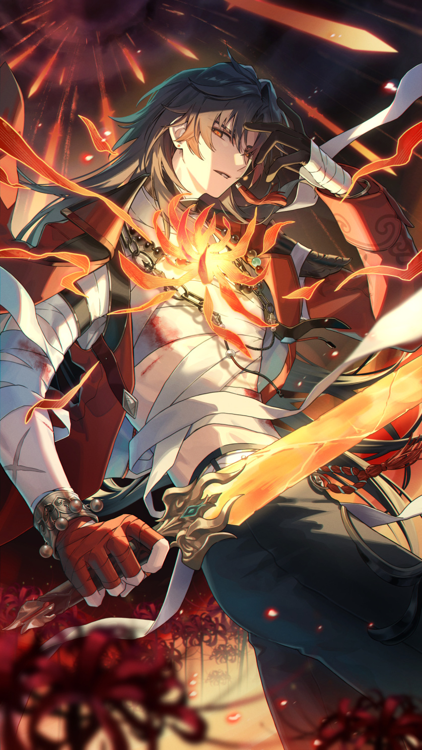 1boy ahoge bandages bangle blade_(honkai:_star_rail) blood blood_on_bandages blue_hair bracelet commentary_request curtained_hair earrings flower gloves glowing_flower highres holding holding_sword holding_weapon honkai:_star_rail honkai_(series) jacket jewelry kawausoman long_hair male_focus mortenax_blade_(honkai:_star_rail) necklace open_clothes open_jacket pants red_pupils scar single_glove spider_lily sword tassel very_long_hair weapon yellow_eyes