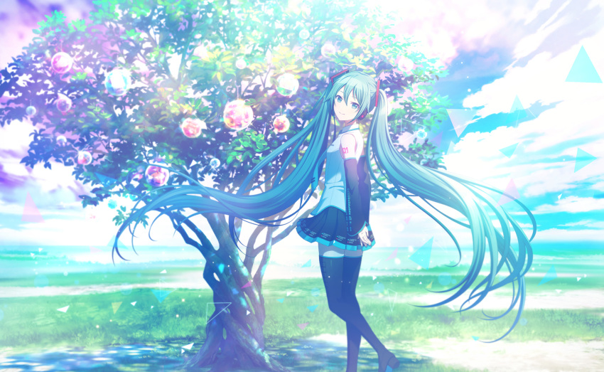 1girl aqua_eyes aqua_hair arms_behind_back bare_shoulders black_footwear black_skirt blue_sky blurry blurry_background boots chain cloud cloudy_sky collared_shirt colorful crystal crystal_ball dappled_sunlight day detached_sleeves dot_nose feet_out_of_frame floating_hair glint grass hatsune_miku head_tilt headset highres horizon ixima knees_together_feet_apart landscape light_particles long_hair looking_at_viewer looking_back necktie number_tattoo official_art outdoors pleated_skirt project_sekai shirt shoulder_tattoo skirt sky sleeveless sleeveless_shirt smile solo standing standing_on_one_leg sunlight tattoo thigh_boots thighhighs tree triangle twintails very_long_hair vocaloid white_shirt wide_shot zettai_ryouiki