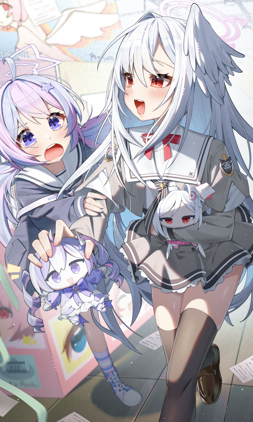 absurdres ahoge black_thighhighs blue_archive blue_hair character_doll doll grey_serafuku grey_skirt hair_between_eyes hair_ornament halo head_wings highres holding holding_doll indoors long_hair maeru multicolored_hair open_mouth pink_halo purple_eyes purple_hair purple_halo red_eyes reisa_(blue_archive) sailor_collar school_uniform serafuku single_head_wing single_wing skirt socks star_(symbol) star_hair_ornament star_halo striped_clothes striped_socks suzumi_(blue_archive) thighhighs trinity_general_school_logo two-tone_hair white_hair white_sailor_collar white_wings wings