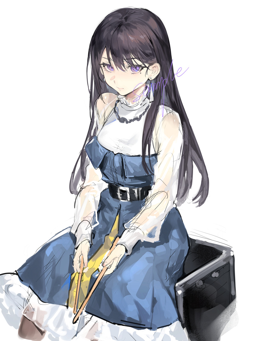1girl absurdres bang_dream! bang_dream!_it's_mygo!!!!! belt black_belt black_hair blue_dress chinese_commentary closed_mouth commentary_request cowboy_shot dress drumsticks hair_between_eyes highres holding holding_drumsticks long_hair long_sleeves looking_at_viewer mole mole_under_eye purple_eyes sample_watermark shiina_taki shirt simple_background sitting solo watermark white_background white_shirt xiangchizhubijin