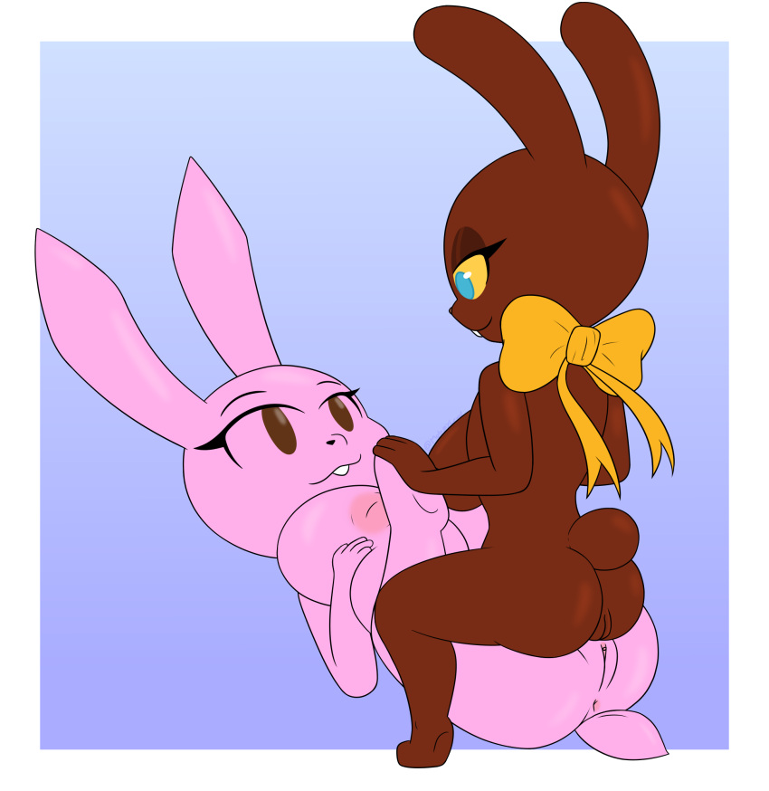 blue_eyes bow breasts brown_eyes buckteeth butt candy chocolate chocolate_bunny dessert duo female female/female food food_creature hi_res lagomorph leporid living_candy mammal mobzylewd peeps pink_body rabbit reese's reese's_chocolate_easter_bunny sex simple_background teeth tribadism vaginal yellow_sclera