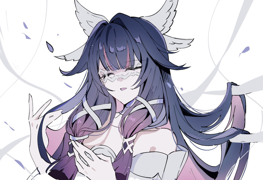 1girl bare_shoulders black_hair chinese_commentary closed_eyes columbina_(genshin_impact) commentary_request dress eye_mask facing_viewer genshin_impact gradient_hair hair_intakes hair_ribbon hands_up head_wings highres long_hair mask multicolored_hair open_mouth purple_hair ribbon solo streaked_hair upper_body very_long_hair white_background white_dress white_ribbon white_wings wings xu_(anniechika)