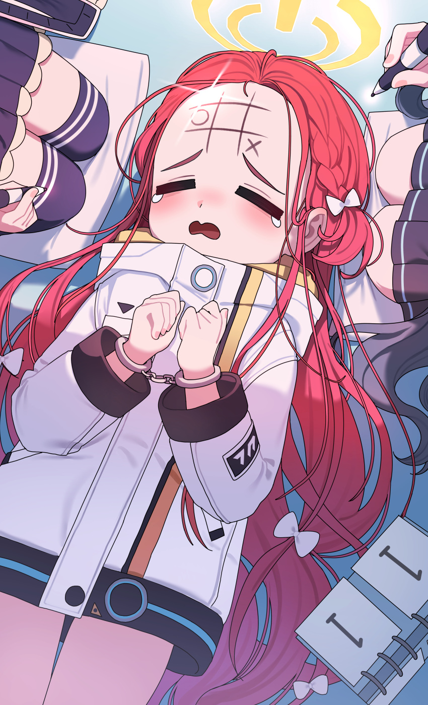 3girls absurdres aris_(blue_archive) black_hair black_thighhighs blue_archive blush bound bound_wrists chinese_commentary closed_eyes commentary_request cuffs drawing_on_another's_face forehead forehead_writing glint halo handcuffs highres holding holding_pen jacket long_hair long_sleeves lying millennium_science_school_logo momoi_(blue_archive) multiple_girls open_mouth pen power_symbol red_hair solo_focus tearing_up thighhighs tic-tac-toe white_jacket xiamu_chiyu yellow_halo yuzu_(blue_archive)