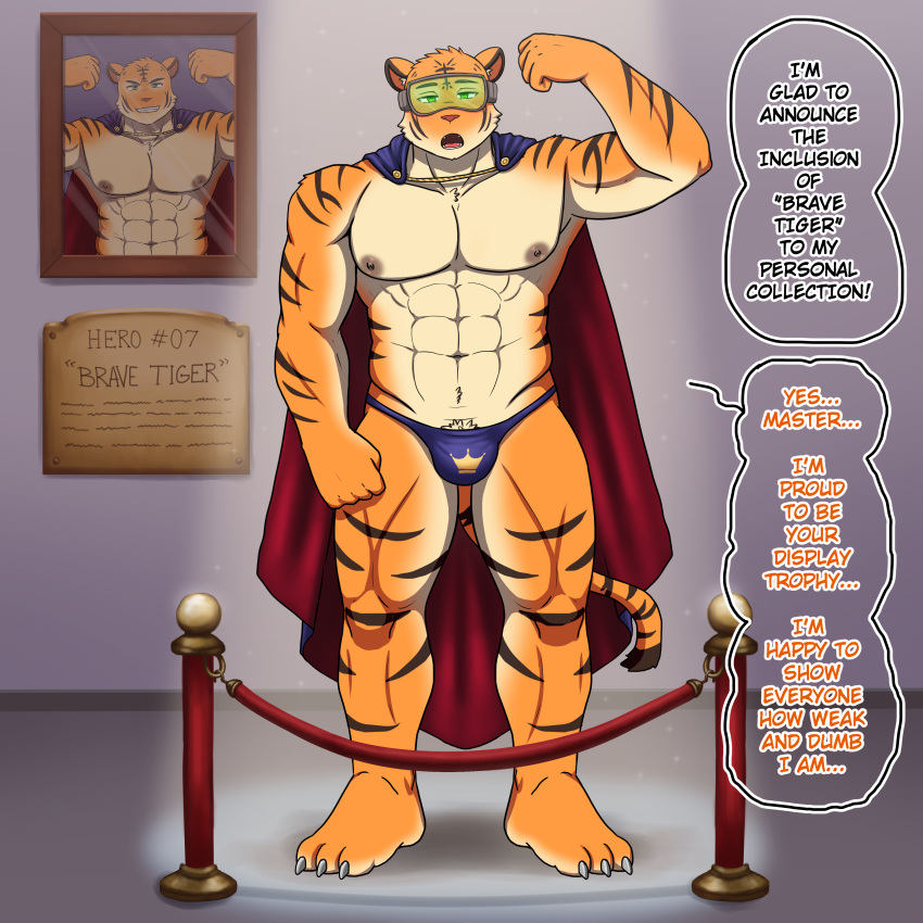 2020 abs absurd_res alternate_version_at_source anthro biceps bulge cape clothing corruption dialogue digital_drawing_(artwork) digital_media_(artwork) displayed english_text felid flexing framed_picture fur hero hi_res humiliation hypno_neet hypnosis hypnotic_visor inside male mammal mind_control muscular muscular_anthro muscular_male nipples orange_body orange_fur pantherine pecs pose sign solo speedo swimwear text thong tiger underwear visor