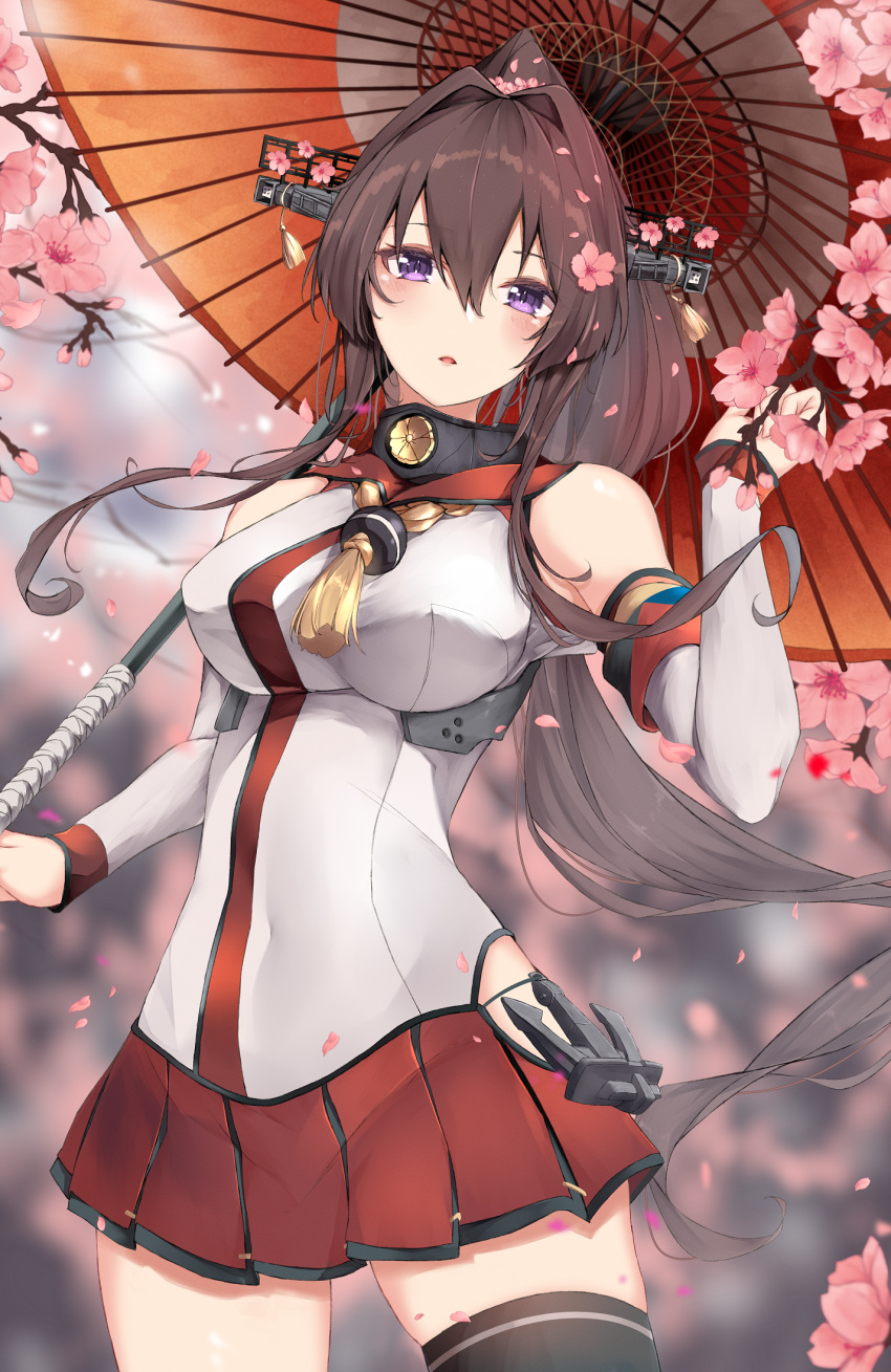 1girl black_legwear blush breasts brown_hair cherry_blossoms cowboy_shot eyebrows_visible_through_hair flower hair_between_eyes hair_flower hair_ornament headgear highres holding holding_umbrella jenson_tw kantai_collection large_breasts long_hair oil-paper_umbrella open_mouth petals pink_flower pleated_skirt purple_eyes red_skirt red_umbrella single_thighhigh skirt solo thighhighs umbrella yamato_(kancolle) z_flag
