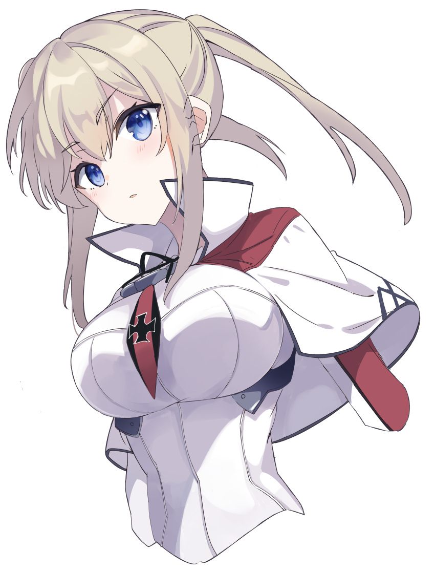 1girl absurdres blue_eyes breasts capelet commentary cross eyebrows_visible_through_hair fathom graf_zeppelin_(kancolle) green_hair hair_between_eyes highres iron_cross kantai_collection large_breasts necktie simple_background solo twintails upper_body white_background