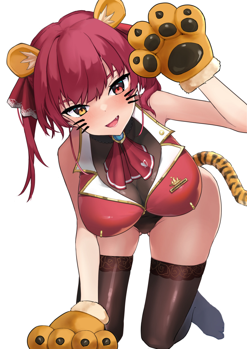 1girl animal_ears animal_hands arrow_through_heart ascot ass_visible_through_thighs bangs breasts brooch chinese_zodiac eyebrows_behind_hair fang full_body fur-trimmed_gloves fur_trim gloves gold_trim hair_ribbon heart heterochromia highres hololive houshou_marine jacket jewelry large_breasts leotard long_hair looking_at_viewer open_mouth oritonagi paw_gloves red_eyes red_hair red_jacket red_ribbon ribbon sheer_leotard simple_background sleeveless sleeveless_jacket smile solo tail thighhighs thighs tiger_ears tiger_tail twintails virtual_youtuber whiskers white_background year_of_the_tiger yellow_eyes