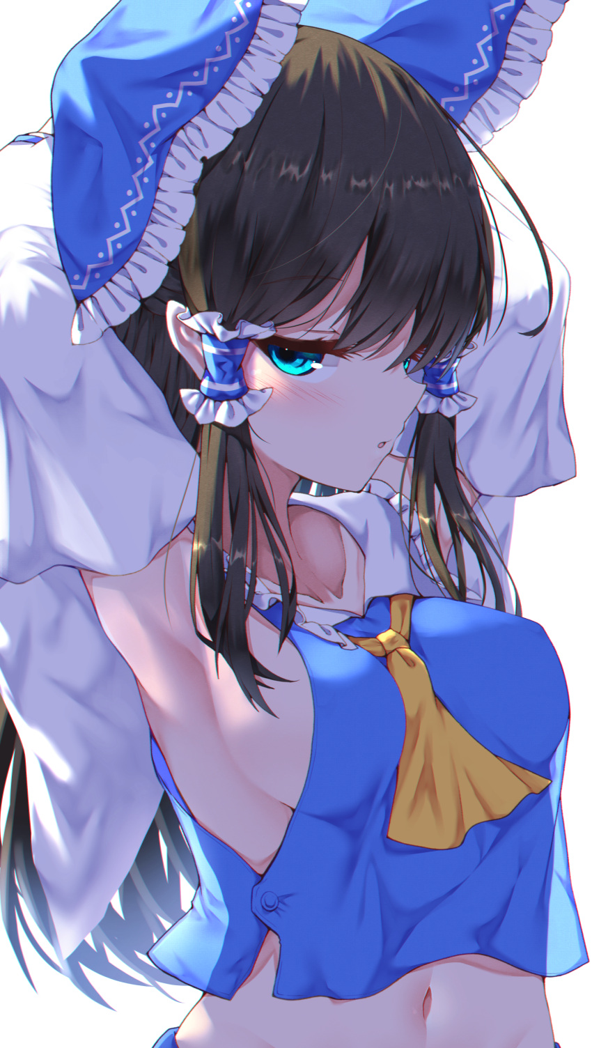 1girl absurdres alternate_color armpits arms_up ascot bangs bare_shoulders blue_bow blue_eyes blue_vest bow breasts brown_hair covered_nipples detached_sleeves frilled_bow frilled_hair_tubes frills hair_bow hair_tubes hakurei_reimu highres looking_at_viewer medium_breasts medium_hair midriff navel nontraditional_miko rankasei sidelocks simple_background solo stomach touhou upper_body vest white_background white_sleeves wide_sleeves yellow_ascot