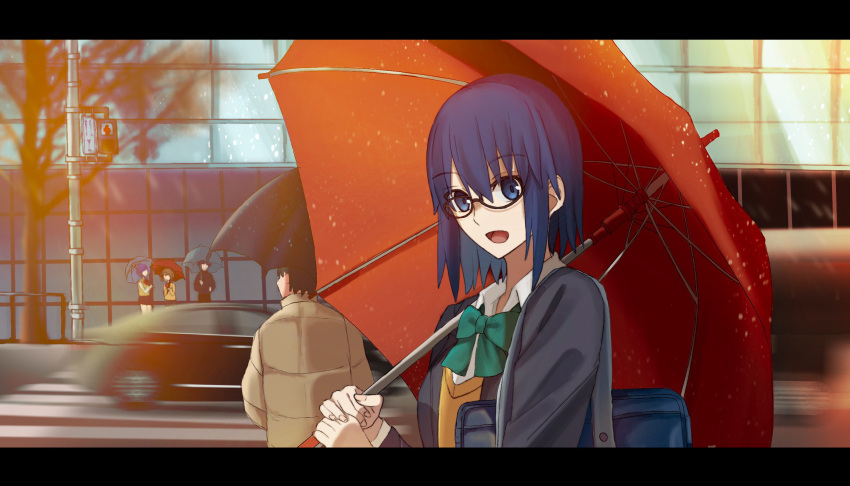 2boys 3girls bag black-framed_eyewear black_jacket blue_eyes blue_hair blue_umbrella bookbag bow bowtie ciel_(tsukihime) crosswalk from_behind hand_in_pocket highres holding holding_umbrella jacket letterboxed looking_at_viewer motion_blur multiple_boys multiple_girls pikaremon purple_hair red_bow red_umbrella school_uniform shirt sidewalk smile tree tsukihime tsukihime_(remake) umbrella upper_body vest wet white_shirt yellow_vest