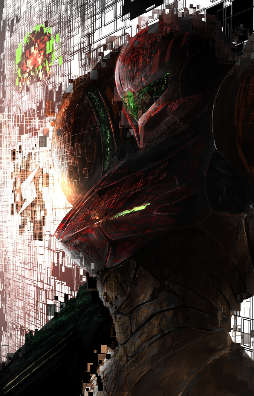 absurdres arm_cannon dennou_manjuu helmet highres metroid metroid_(creature) power_armor power_suit samus_aran solo varia_suit visor weapon