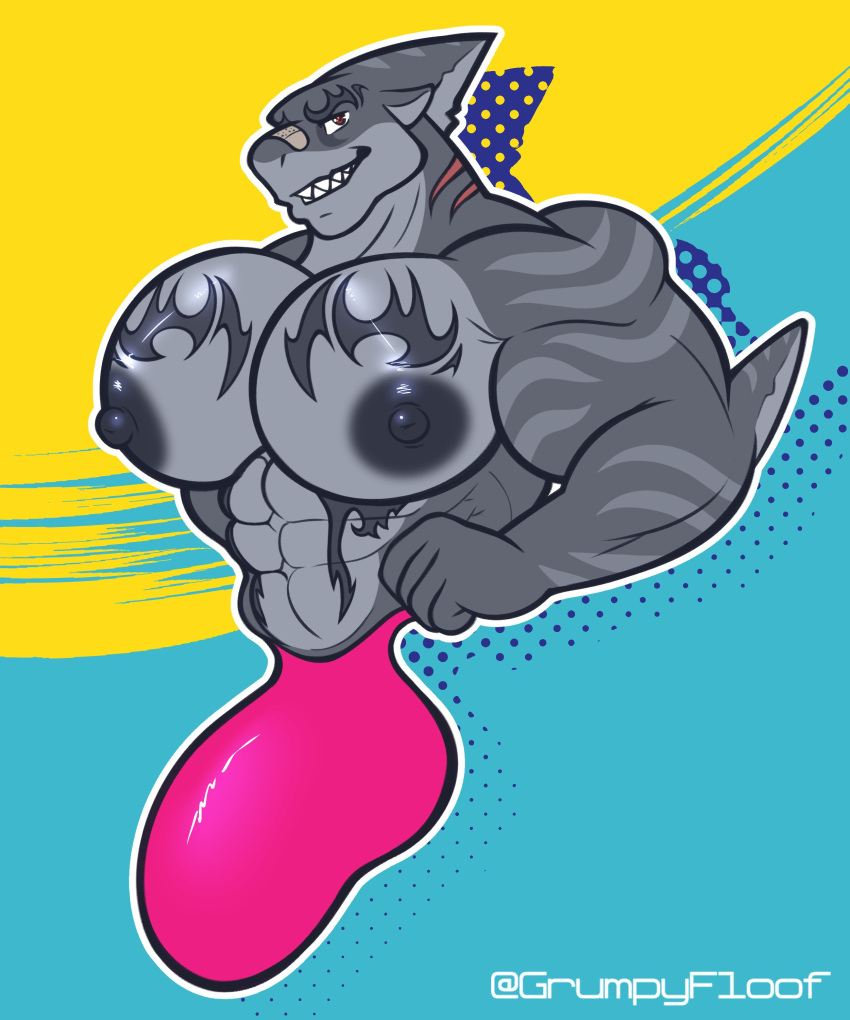 2022 5:6 abs abstract_background absurd_res anthro band-aid bandage barazoku big_bulge big_muscles big_nipples big_pecs blue_background bulge clothing fin fish gills grumpyfloof hands_on_hips hi_res huge_bulge looking_at_viewer male marine muscular muscular_anthro muscular_male nipples obliques pecs shark sharp_teeth simple_background smile solo tattoo teeth text thong underwear url yellow_background