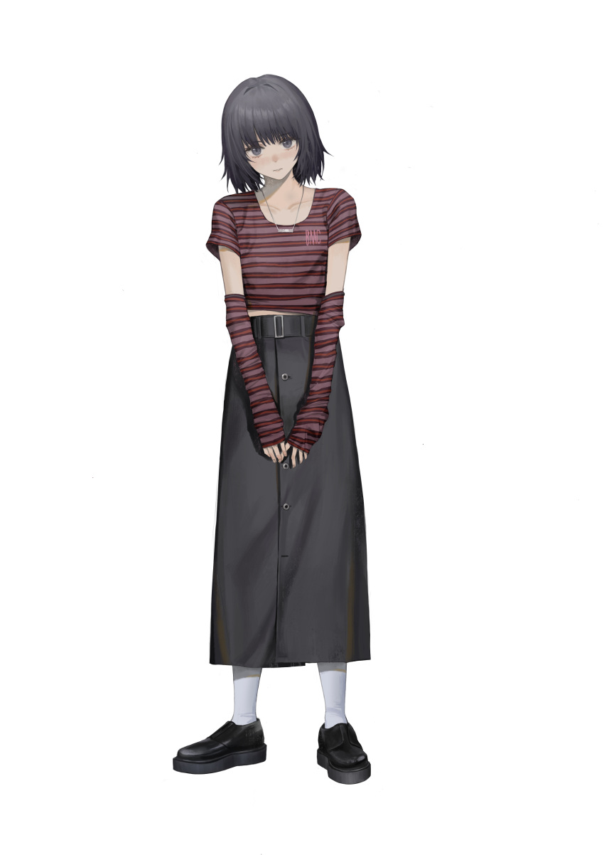 1girl absurdres black_footwear black_hair black_skirt collarbone commentary detached_sleeves eyebrows_visible_through_hair full_body grey_eyes highres jewelry long_skirt looking_at_viewer necklace original parted_lips purple_shirt shirt shoes short_hair short_sleeves simple_background skirt sleeves_past_wrists socks solo striped striped_shirt subfiction white_background white_legwear