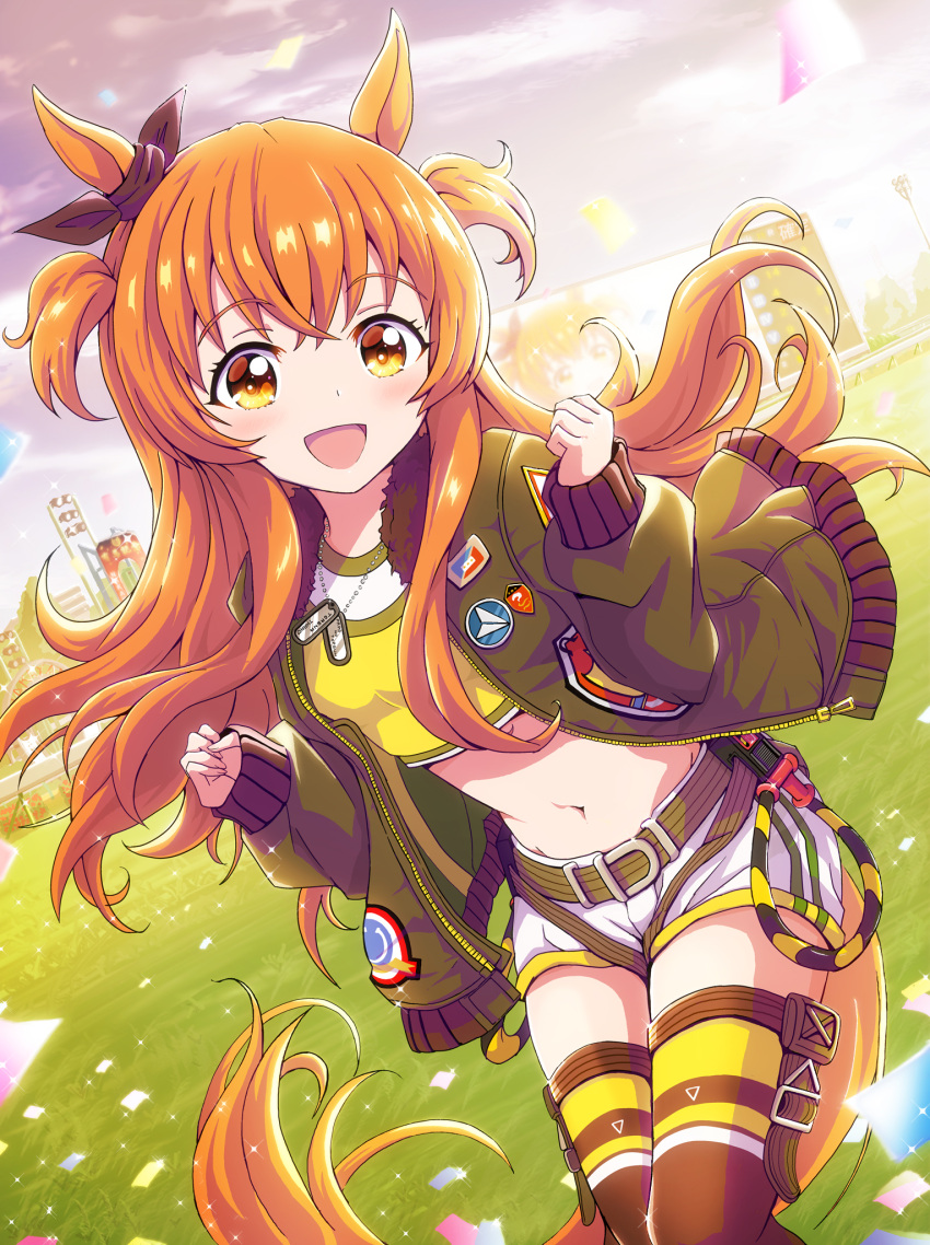 1girl animal_ears blush bomber_jacket breasts commentary_request crop_top dog_tags futa-futa hair_ornament highres horse_ears horse_tail jacket long_hair looking_at_viewer mayano_top_gun_(umamusume) open_mouth orange_eyes orange_hair racetrack shorts sky small_breasts solo tail thighhighs umamusume