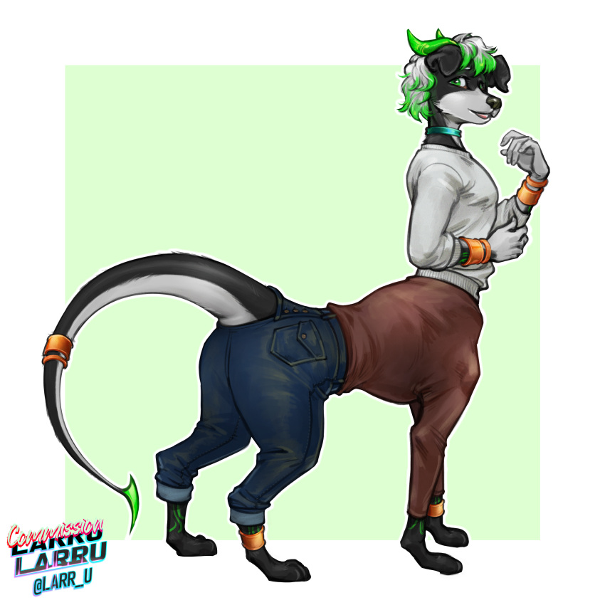 1:1 absurd_res accessory bottomwear canid canid_taur canine canine_taur clothed clothing denim denim_clothing fully_clothed furgonomics hi_res jeans larru-larru mammal mammal_taur pants solo sweater tail_accessory taur topwear