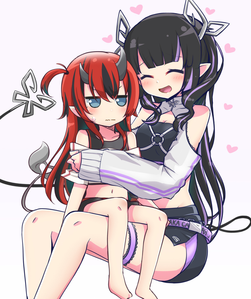 2girls bangs belt black_hair black_skirt black_tube_top blue_eyes blunt_bangs blush breasts child closed_eyes closed_mouth clothing_cutout commentary_request demon_girl demon_horns demon_tail full_body heart highres horns hug jacket kojo_anna lace_trim long_hair loose_belt medium_breasts multicolored_hair multiple_girls official_alternate_costume open_mouth orange-bird pencil_skirt pointy_ears purple_belt purple_hair red_hair russian_text ryugasaki_rene shoulder_cutout shrug_(clothing) simple_background skirt smile strapless sugar_lyric sweatdrop tail tube_top two-tone_hair virtual_youtuber wavy_mouth white_background white_jacket younger